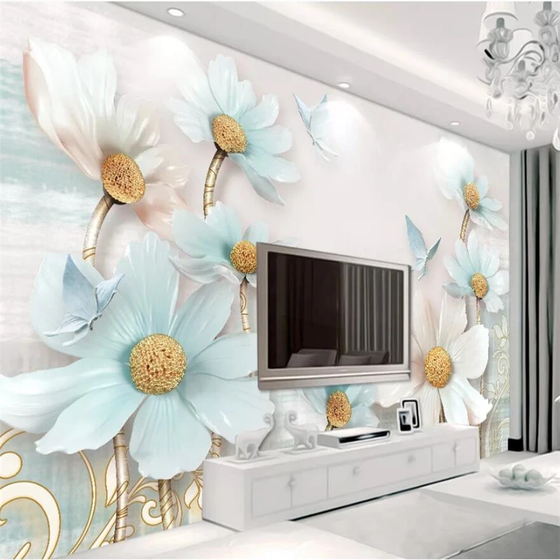 

wellyu Custom wallpaper 3D murals embossed jewelry chrysanthemum fresh retro TV background wall living room bedroom wallpaper