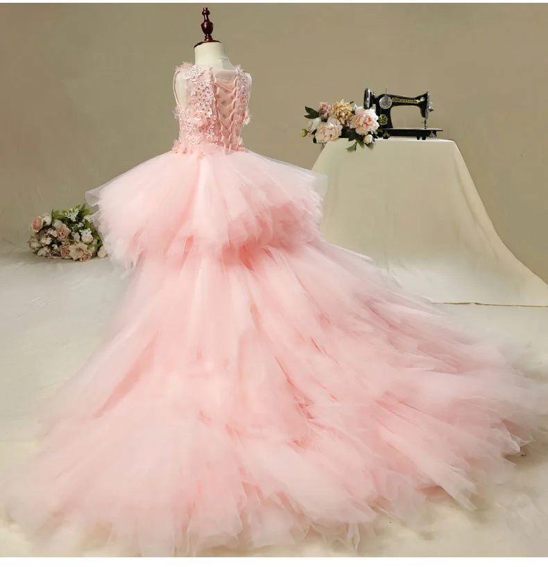 

Glizt Long Trailing Girl Pageant Evening Gowns Appliques Pink Tulle Flower Girl Dresses For Wedding Kids First Communion Dresses