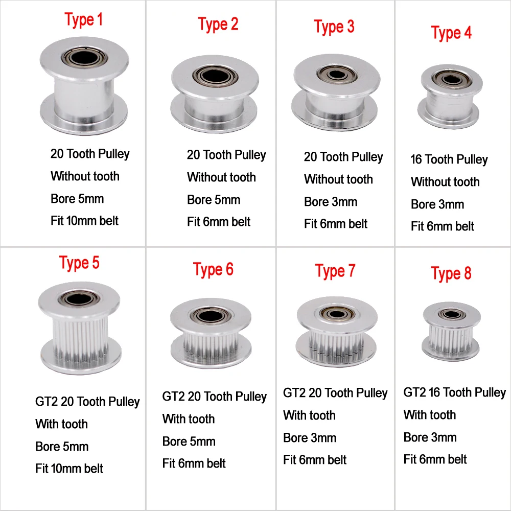 GT2 Idler Timing Pulley 16-tooth 20-Teeth with 3mm or 5mm Bore with Bearings for 3D Printer Parts Timing Belt 6mm 10mm