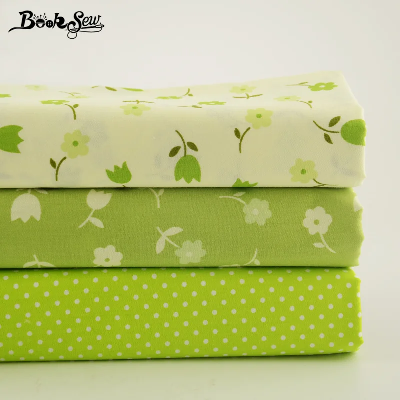 Booksew Fabrics New Arrivals Green 100% Cotton Fabric 3PCS/lot Little Cuted Flowers And White Dot Pattern Bedding 40x50cm Cloth