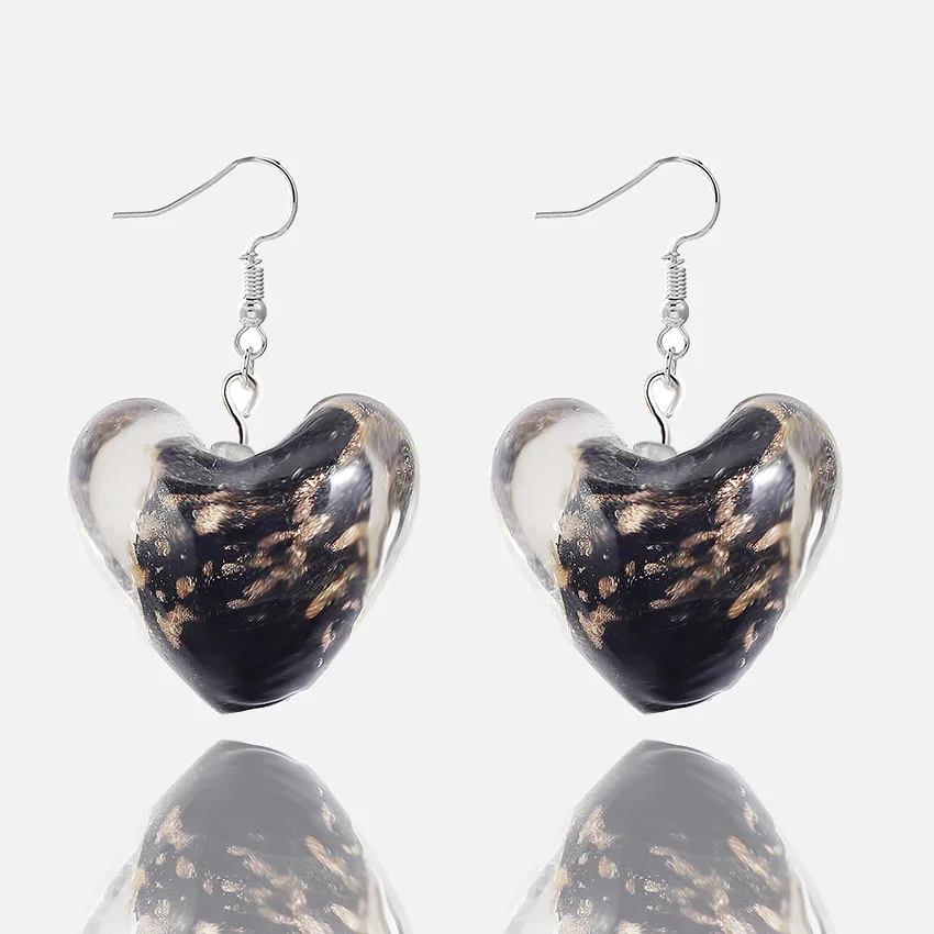 Qianbei Color Hand-made Murano Glass Gold Sand Women\'s Romatic Silver Plated Classic Dangle Heart Earrings