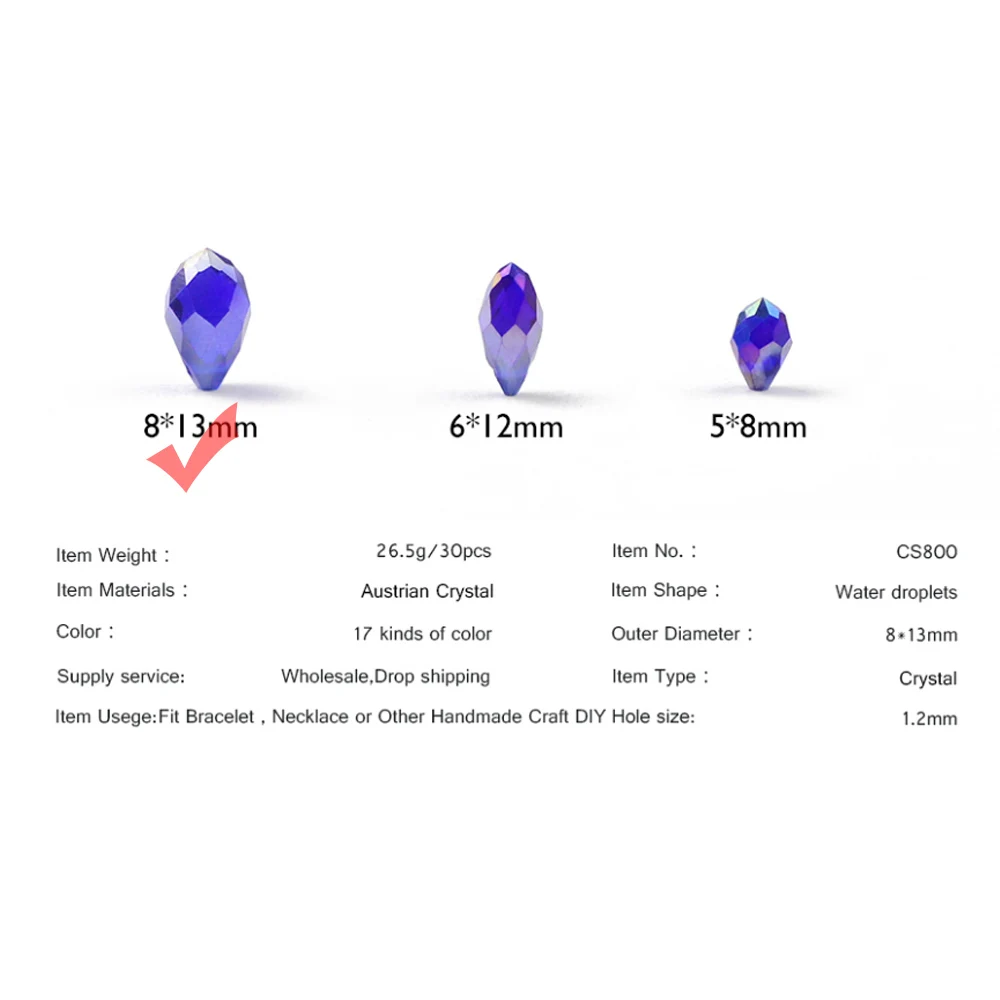 WLYeeS 30pcs AB color Austrian Water droplets crystal beads 8*13mm Large size Glass Loose beads for Jewelry Necklace Making DIY