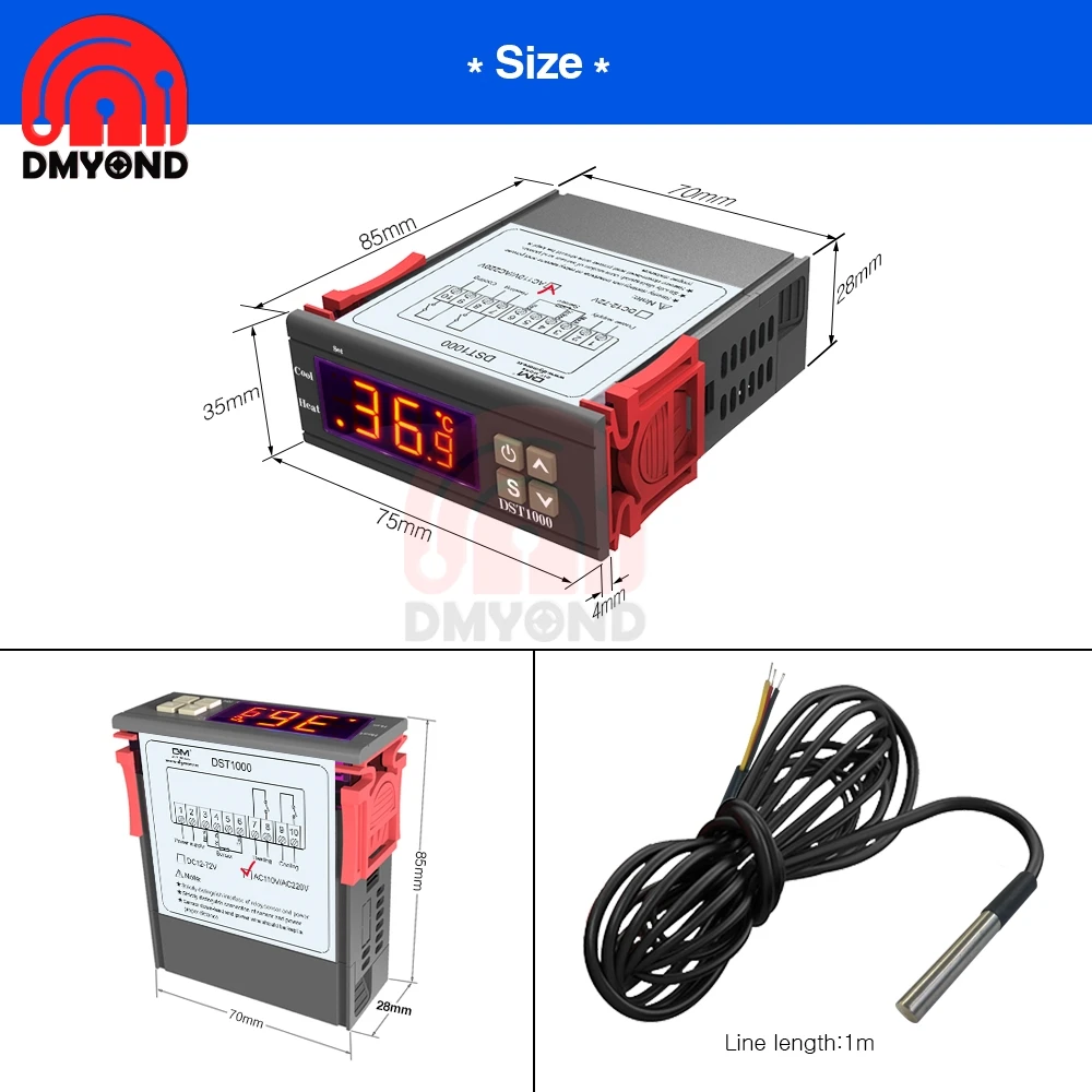 DST1000 AC 110-220V Single Display Digital Thermostat Temperature Controller Control Waterproof DS18B20 Sensor Replace STC-1000