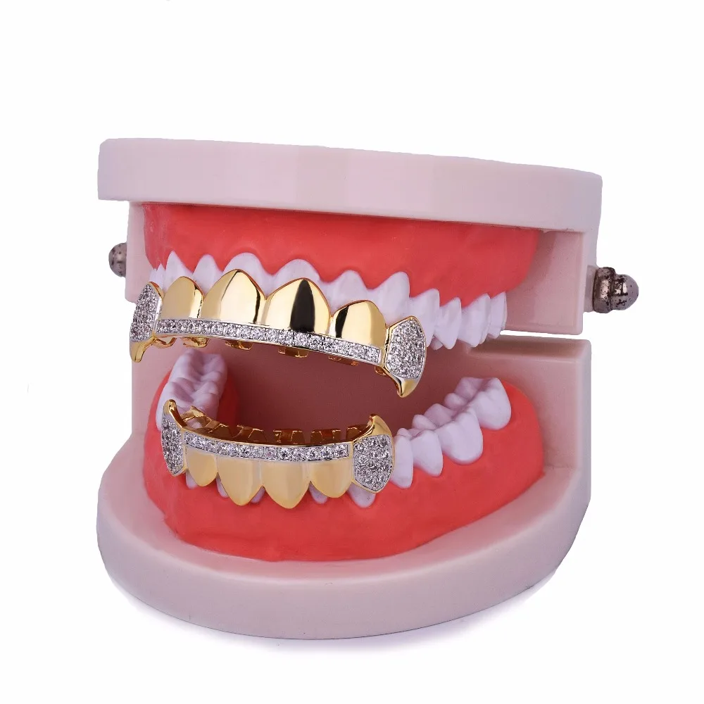 Bubble Letter Hip Hop Grillz Teeth Iced Zircon Fang Mouth teeth Caps Top & Bottom Tooth Set Men Women Vampire  Fashion Jewelry