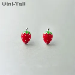 Uini-Tail Hot New 925 Tibetan silver Fashion Exquisite Cute Strawberry Stud Earrings Creative Epoxy Strawberry Hypoallergenic