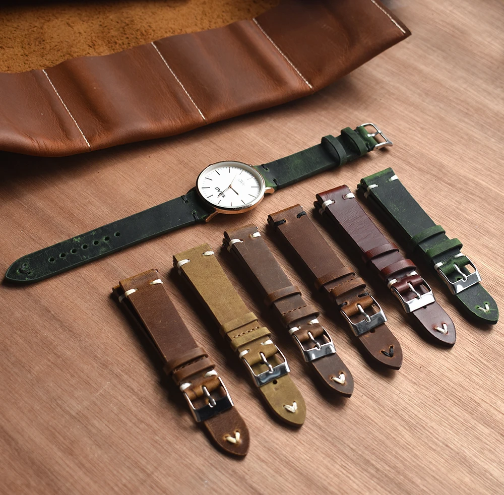 Vintage Handmade Watchband Genuine Leather Watch Stras Replacement Band 18mm 20mm 22mm 24mm Quick Release