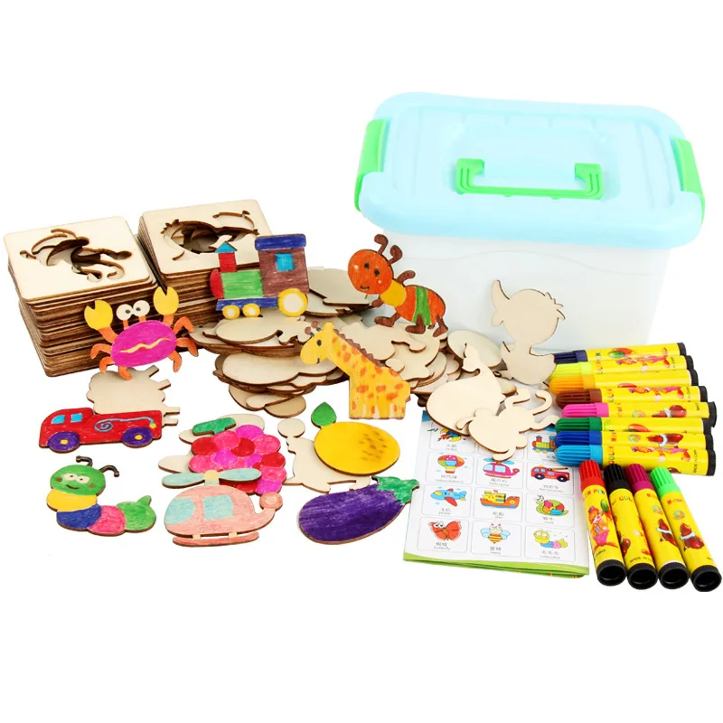 Baby Zeichnung Spielzeug Malerei vorlage Toolbox höhlte farbe spielzeug holz kinder frühe bildung puzzle 48 stück