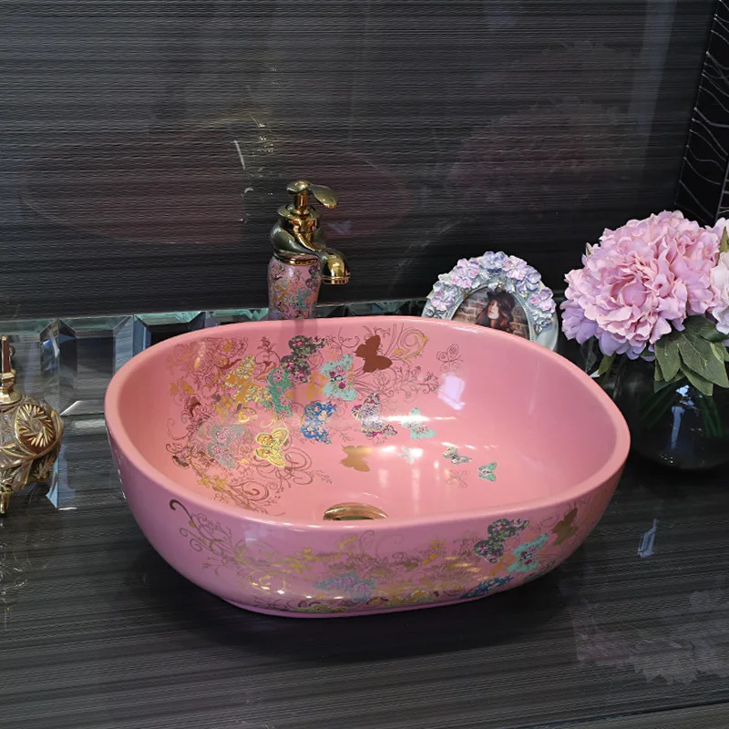 China Painting butterfly Ceramic Painting Art Ceramic wash basin Bathroom Sink counter top ceramic shampoo wash basin blue