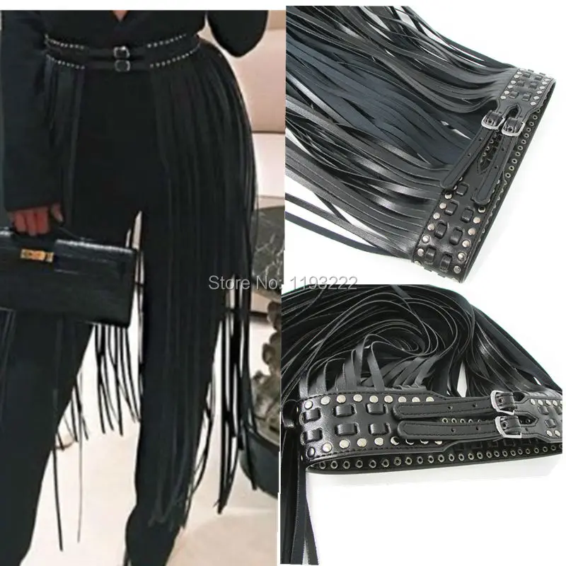 Sexy Punk Gothic Handcrafted Wide Body Waist Cincher Belt Long Tassel Fringe PU Leather Dress Skirts Stud Rivets Straps