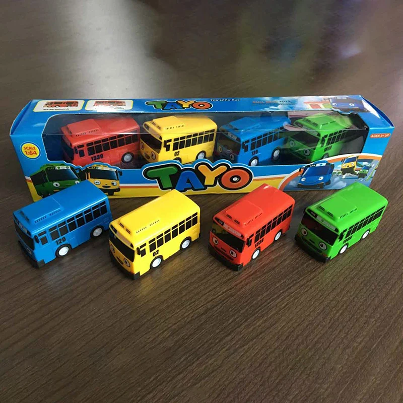 Menyenangkan 4 Buah/Set Tayo Little Bus Mini Plastik Tarik Kembali Biru Tayo Merah Gani Kuning Lani Hijau Super Saiyan Bus model Mobil untuk Anak-anak Hadiah