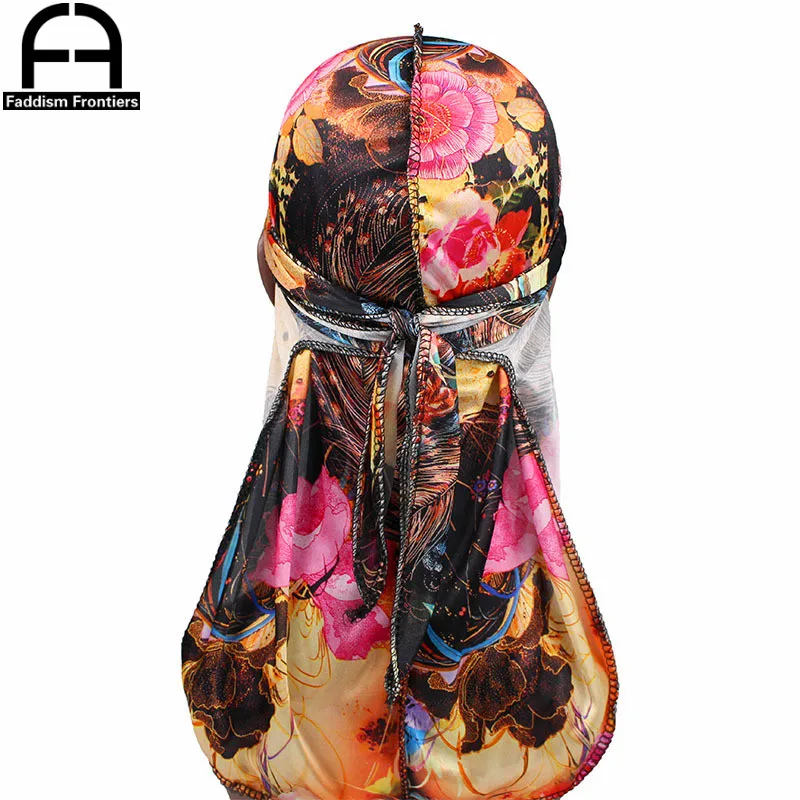 Moda męska Silky Durags Turban bandany nadruk kwiat mężczyźni Durag fala czapki nakrycia głowy Doo szmata akcesoria do włosów Headwrap Du szmata