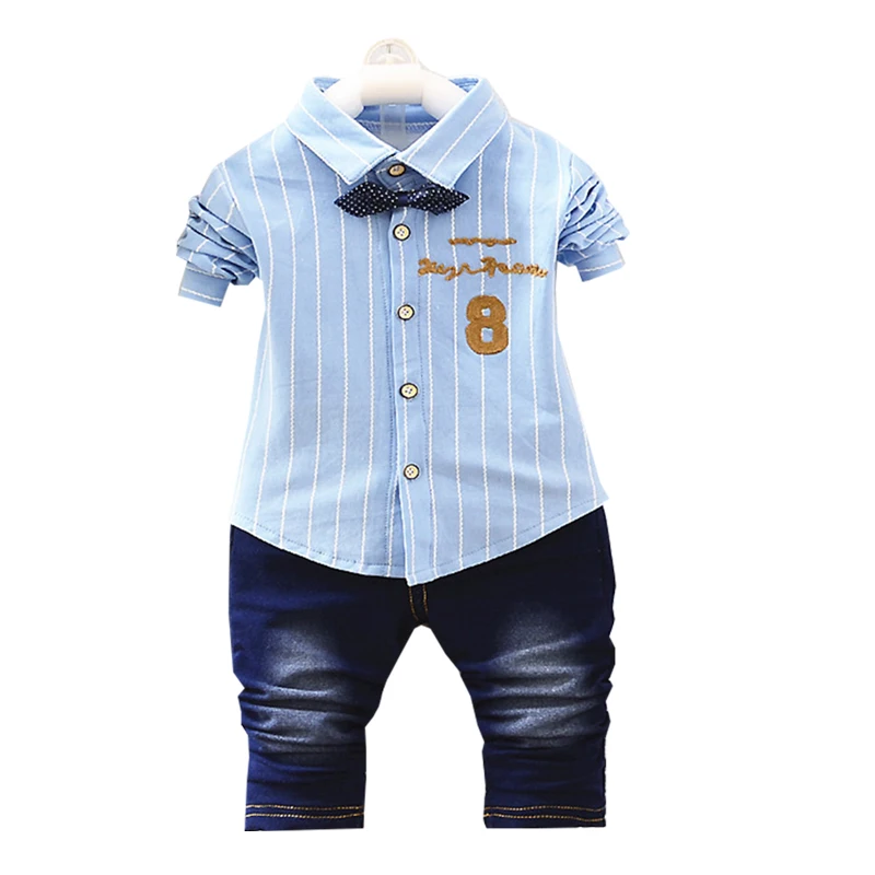 

Clothing Set Fashion Letter Embroidered Striped Shirt Jacket + Jeans Bow Tie Accessories Baby 1-4 Age Boys Quality Child clothes