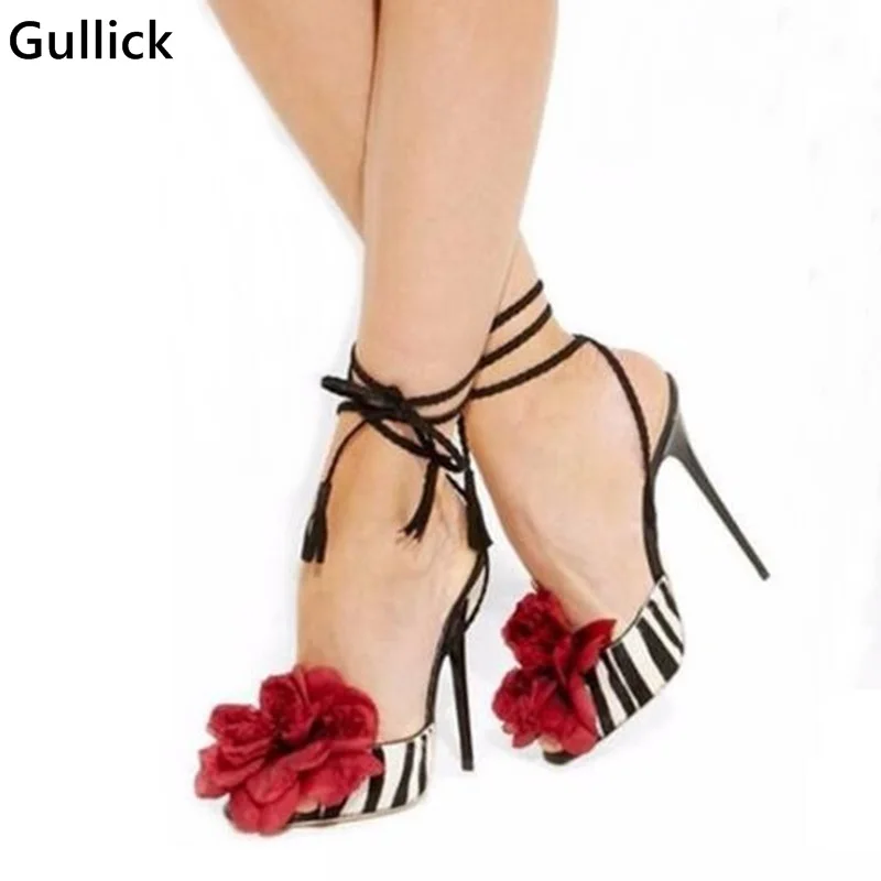 Hot Selling White And Black Zebra Stripes Big Red Flower Sandals High Heel Lace-up Cut-out Summer Dress Sandals For Woman