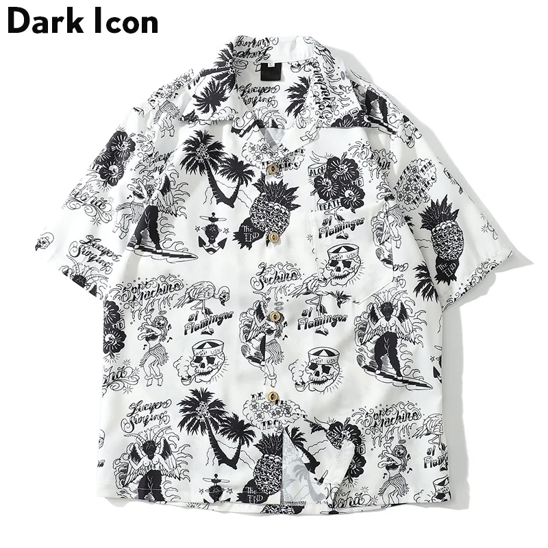 Dark Icon Skeleton Full Printed Retro Shirt Men 2024 Summer Street Men\'s Shirts Short Sleeved Shirts for Men Green White