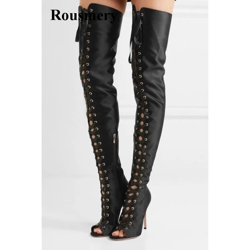 

New Fashion Women Open Toe Satin Lace-up Over Knee Gladiator Boots Shinning Ribbon Thigh High Heel Long Boots Dress Shoes