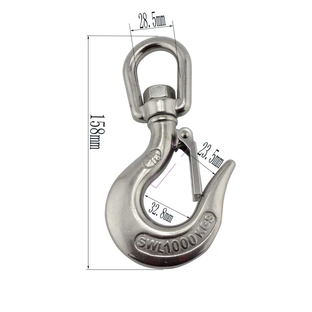 Stainless Marine Eye Lift Swivel Crane Hooks with Safety Load Limit of 650Kg for Lifting 2pcs 3/8 inch