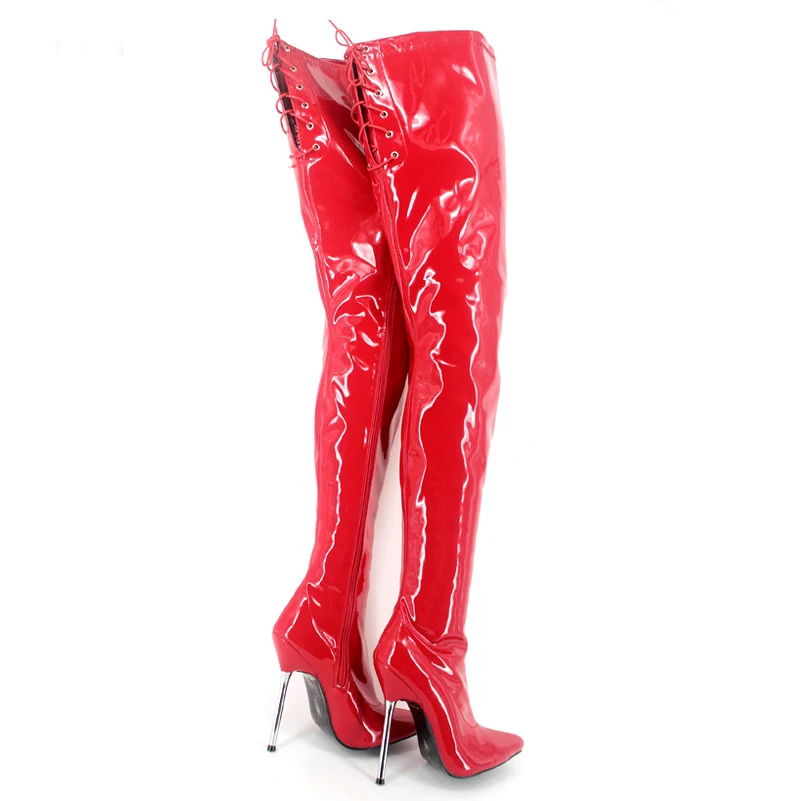 Sorbern Crotch Thigh Boots Queen Patent Leather Shoes Botas Mujer Metal High Heels Lace Up Back Pointed Toe Zapatos Mujer