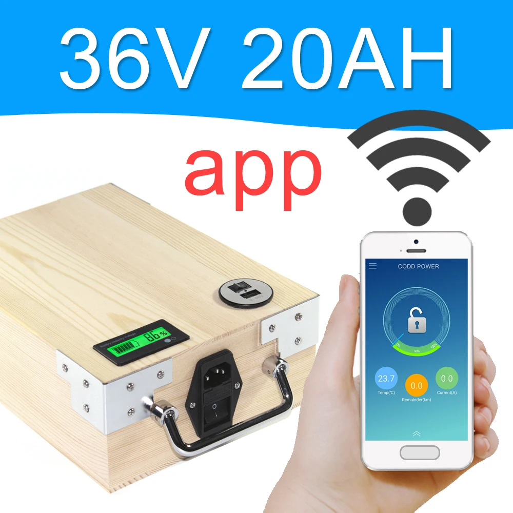 

APP 36V 20AH Electric bike LiFePO4 Battery Pack Phone control Electric bicycle Scooter ebike Power 800W Wood