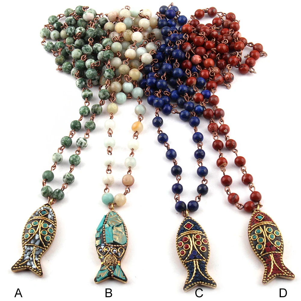 Fashion Bohemian Tribal Jewelry 6mm Semi Precious Stones Rosary Chain 4cm Fish Pendant Necklace Women Ethnic Necklace