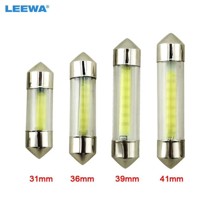 LEEWA 200PCS White Car Interior Glass Lens Case C5W Festoon Dome COB 12 Chips LED Light 31/36/39/41mm Reading Light DC12V