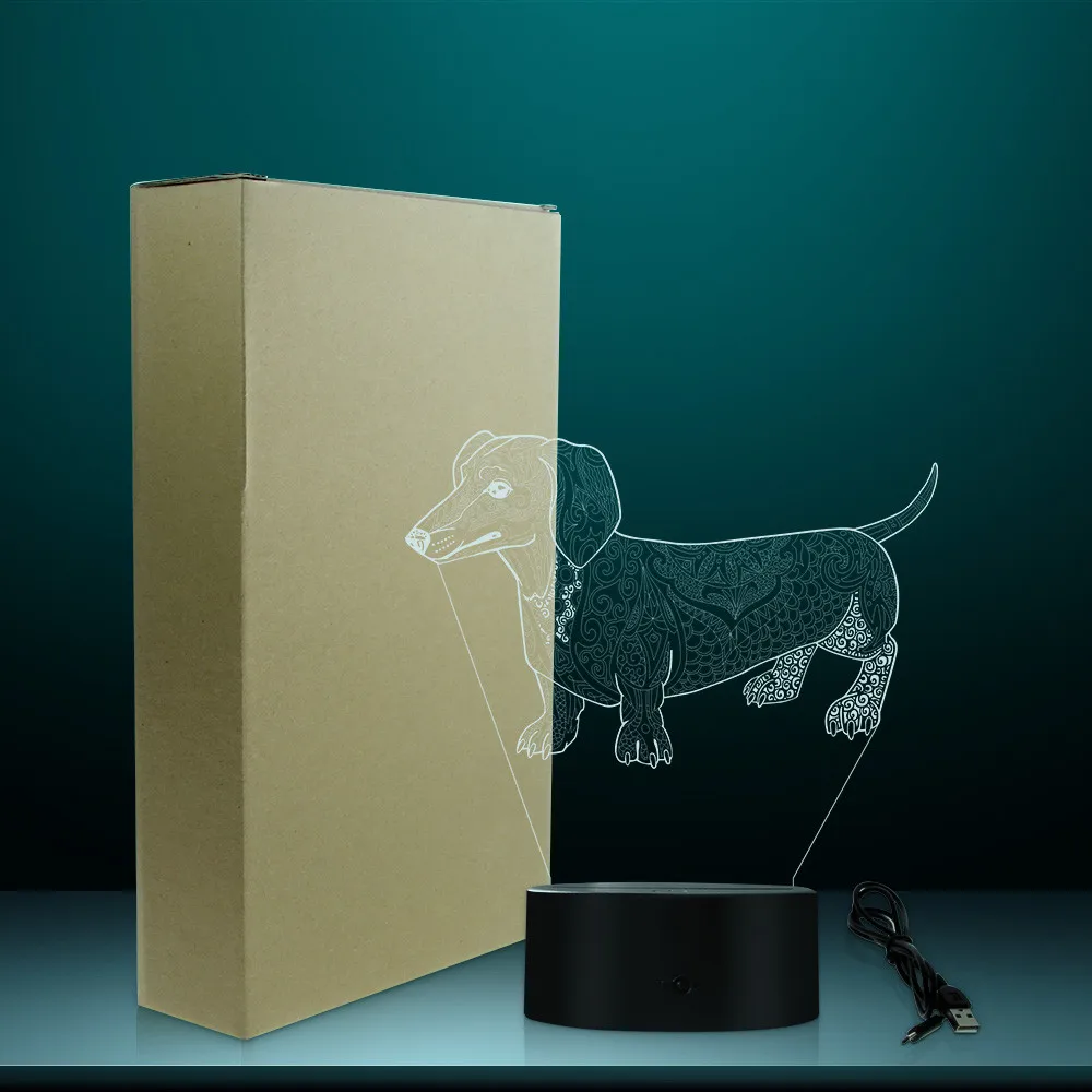 Cute Temperament Abstract Dachshund Dog Custom Name 3D Optical Illusion Light Glowing LED Lamp Pet Lover Owner Lighting Gift