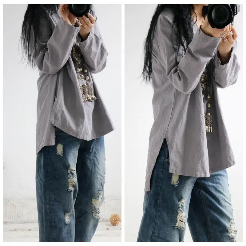 

2020 Winter Original Casual T Shirt Women Loose Vintage Style Irregular Hem Cotton Linen V-neck Tops Harajuku T-shirt