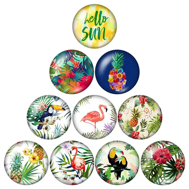 DB0570 Flamingo Birds trendy 18mm snap buttons 10pcs mixed round photo glass cabochon style for snap button jewelry