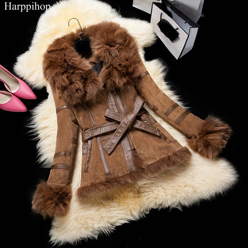 harppihop jacket Winter Lady pig Leather Coat Jackets with big Fox Fur collar Outerwear Coats Warm Overcoats Female Fur jacket