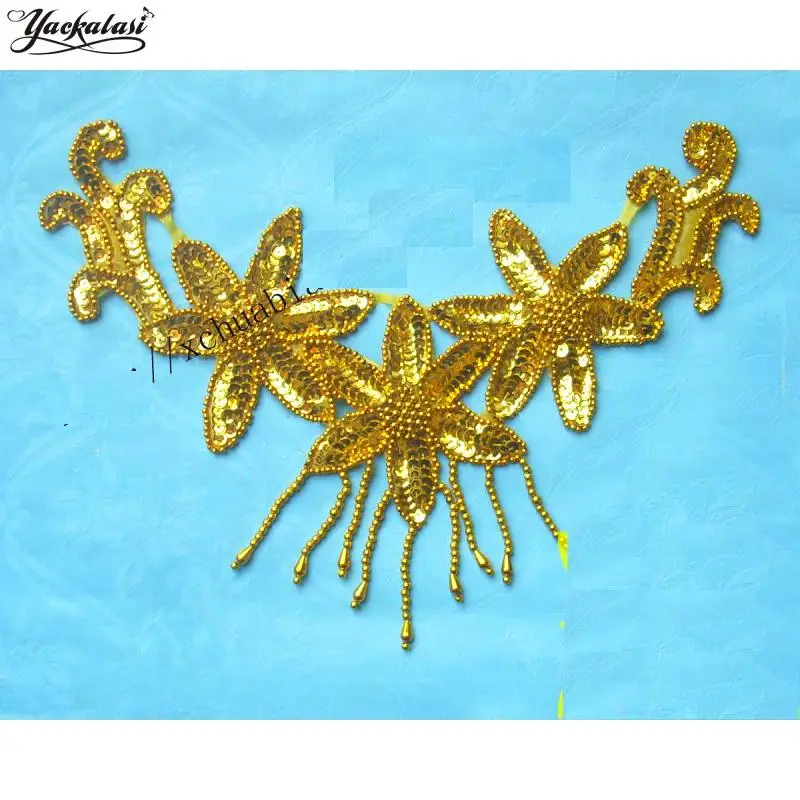 10 Pcs/Lot Gold Sequined Headwear 3D Applique Trims Beaded V-neck Embroidered Collar 23*10+5cm