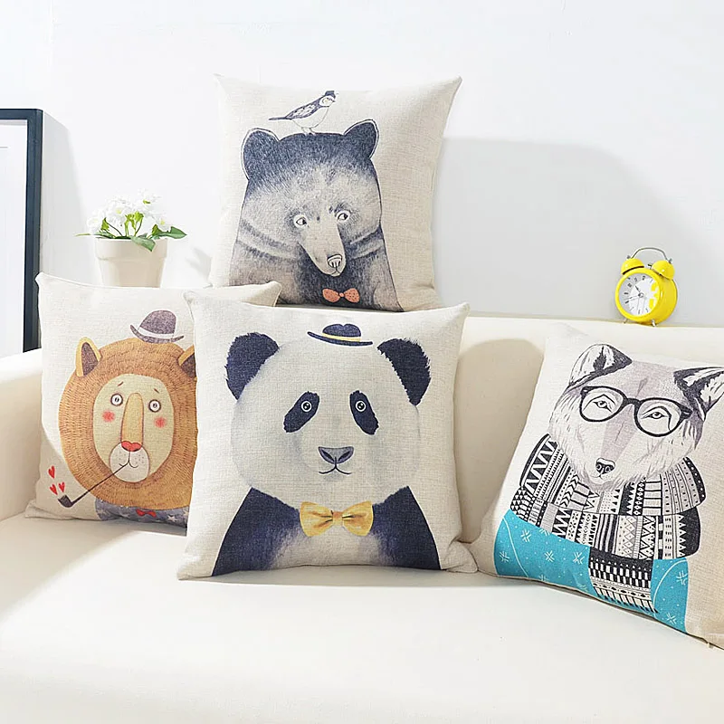 Nordic Cartoon Lovely Hand Painted Animal Pillow Cover Decorative Panda Fox Lion Sofa Cushion Home Decoration PillowCase 18X18