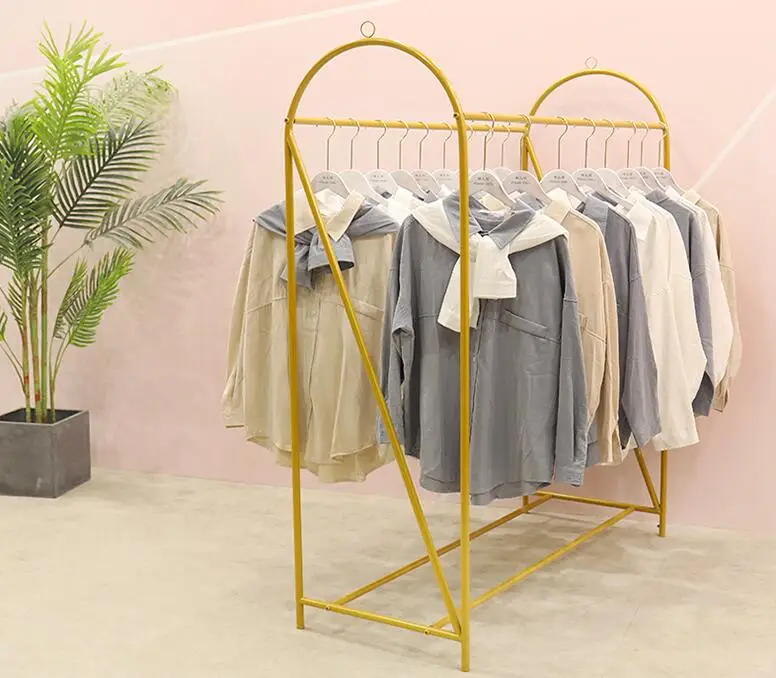 

Clothing Store Double Row Zhongdao Rack Ground Golden Side Hanging Display Rack Children's Clothing Store Rack Display Shelf.