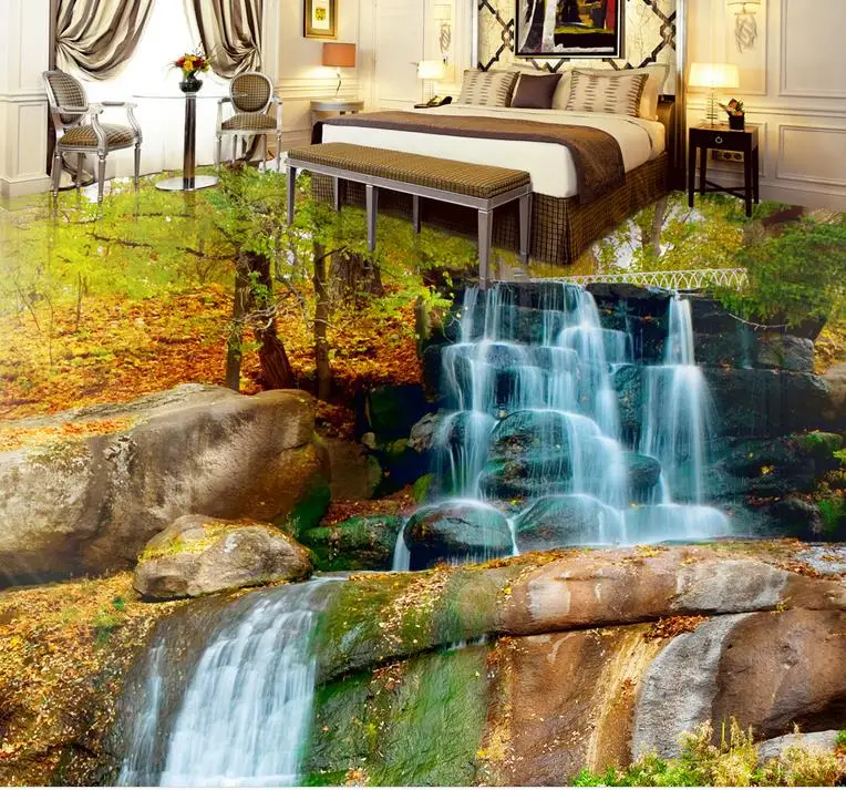 

3d pvc flooring waterproof wallpaper custom 3d flooring Waterfalls Lotus Carp self adhesive mural wallpaper 3d floor tiles