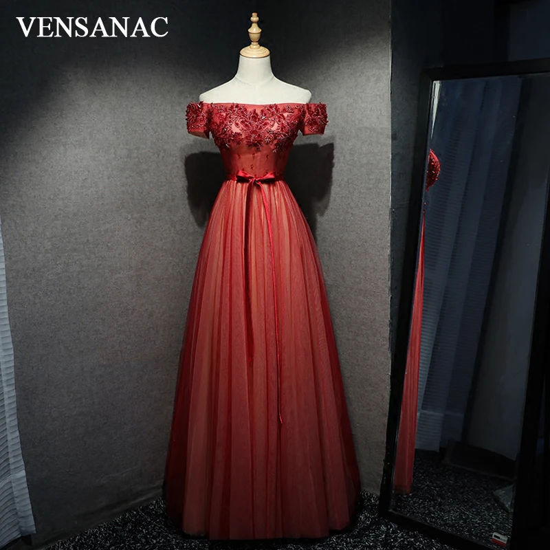 

VENSANAC 2018 Crystal Embroidery Boat Neck A Line Long Evening Dresses Lace Short Sleeve Bow Sash Party Prom Gowns