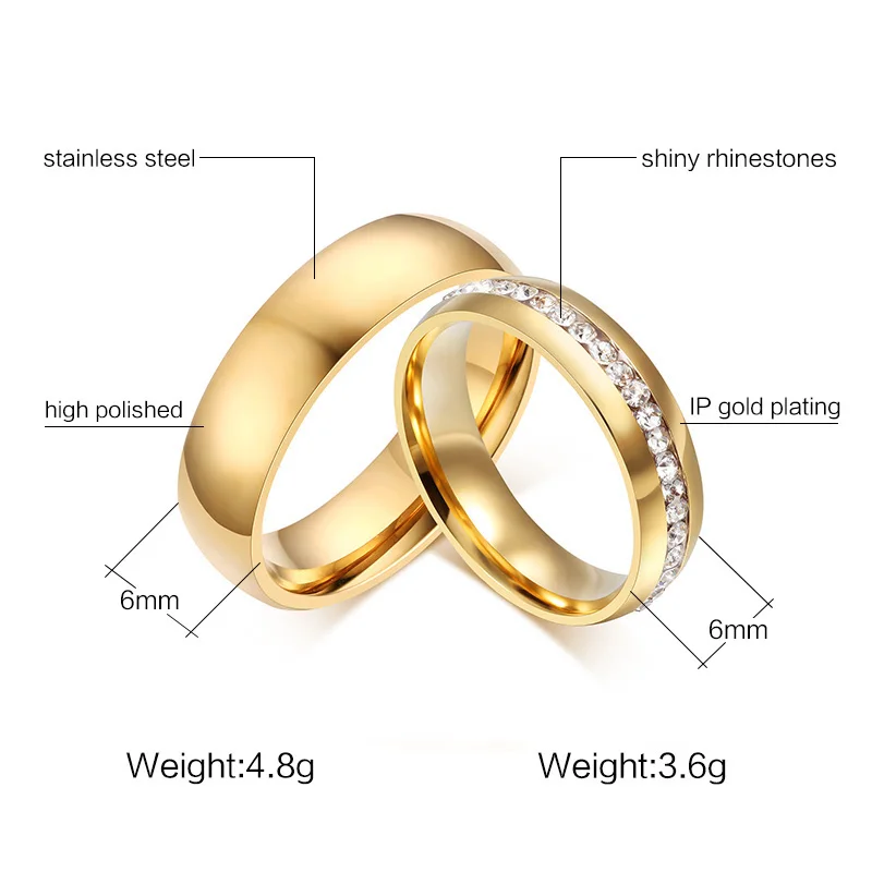 Gold Tone Wedding Bands Ring for Male Female 6mm Stainless Steel Womens Mens Anillo US Size 5 to 13 Best Love Gift Personalize