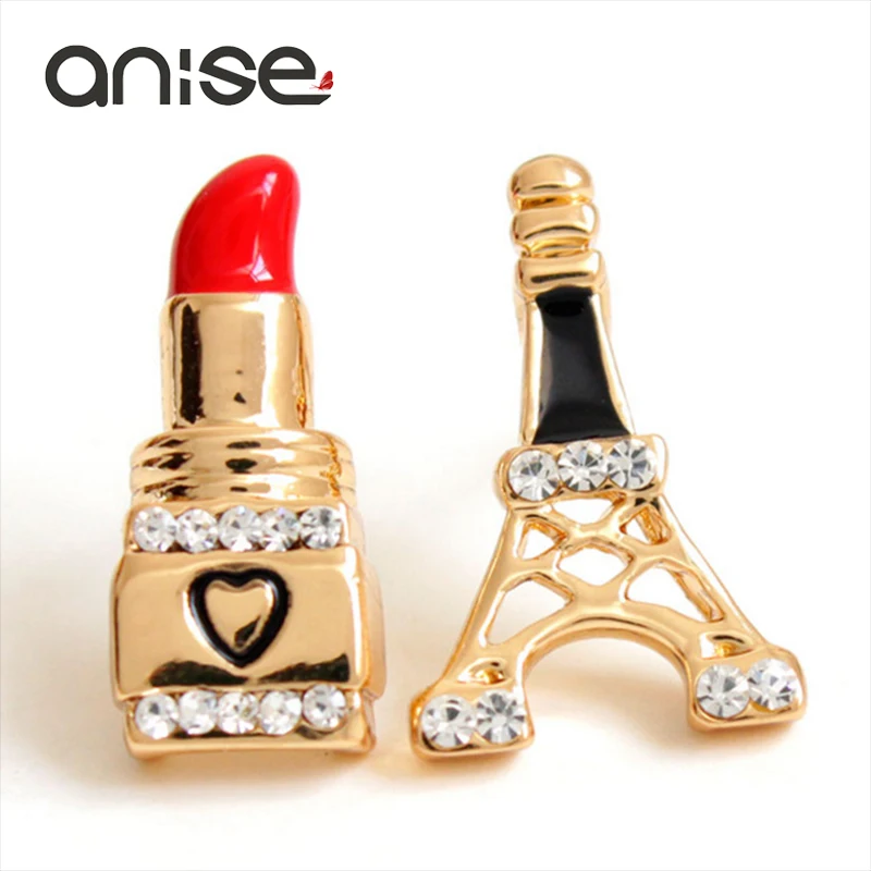 Anise New Lipstick Transmission Tower Stud Earrings Asymmetry Fashion Personality Rhinestones Earrings For Women  Earring