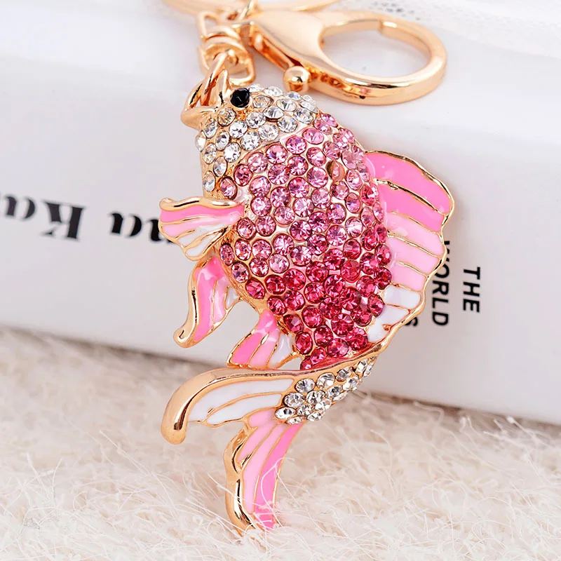 EASYA Fashion Rhinestone Cute Colorful Fish Key Ring Chain 2 Colors Pink Blue Car Keychain for Women Bags Charm CHY-2415