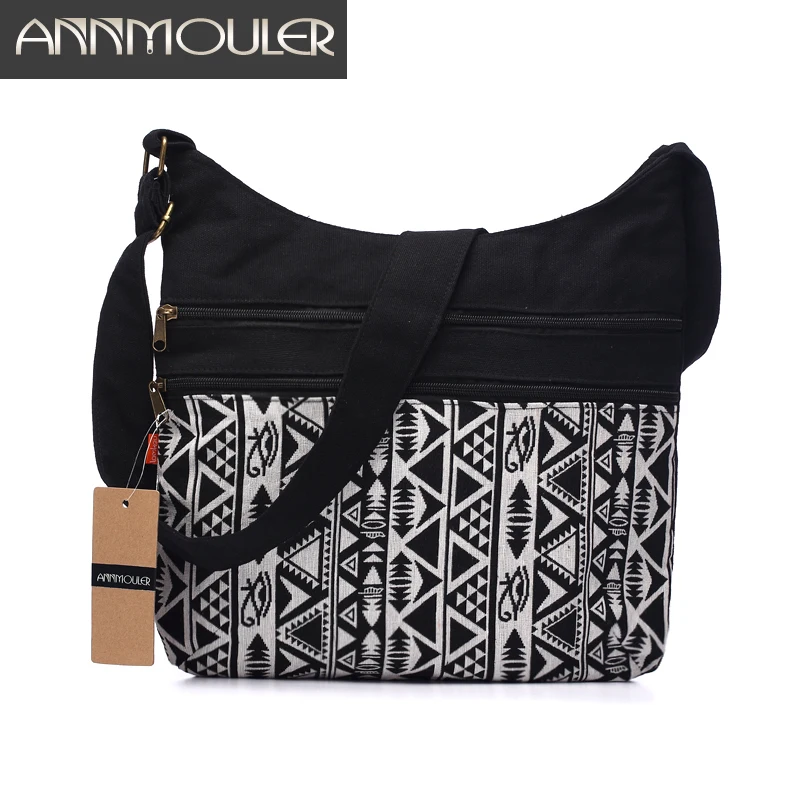 Annmouler kobiety torba na ramię z tkaniny bawełnianej cygańska czeska torba typu Hobo Chic Hippie Aztec ludowa plemienna tkana torba Crossbody kurierska