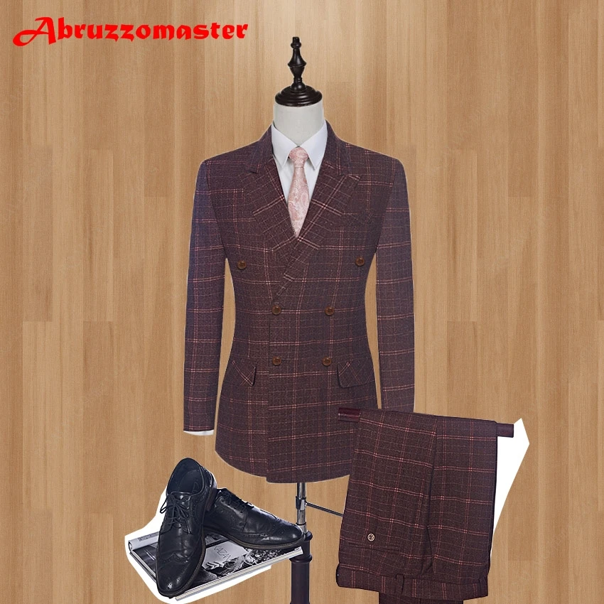 

2023 Smart Casual Suits Double Breasted Groom Tuxedos Damier Check Groomsman Suit Custom Made Man Suit (Jacket+pants+vest)