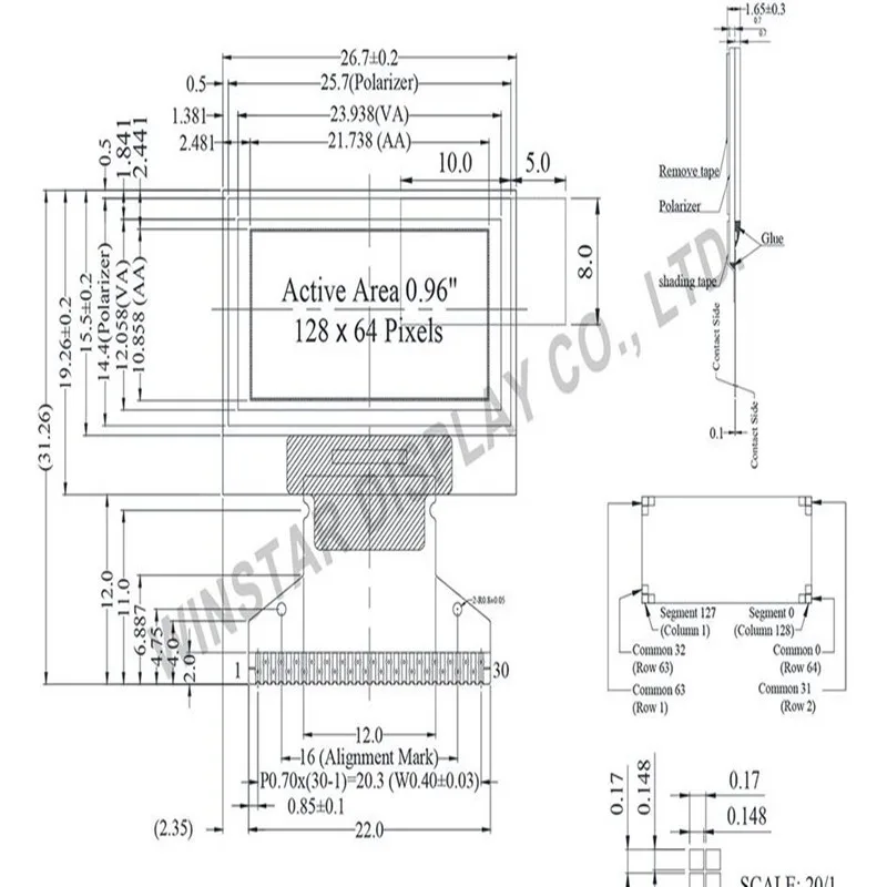 WEO012864D Winstar type  is a 0.96 inch is made of 128x64 pixels standard emitting yellow colors new and original