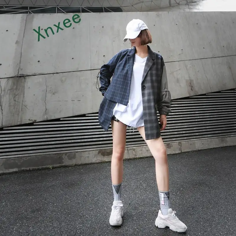 Xnxee 2019 New Spring Summer Lapel Long Sleeve Blue Hit Color Plaid Loose Big Size Irregular Jacket Women Coat Fashion