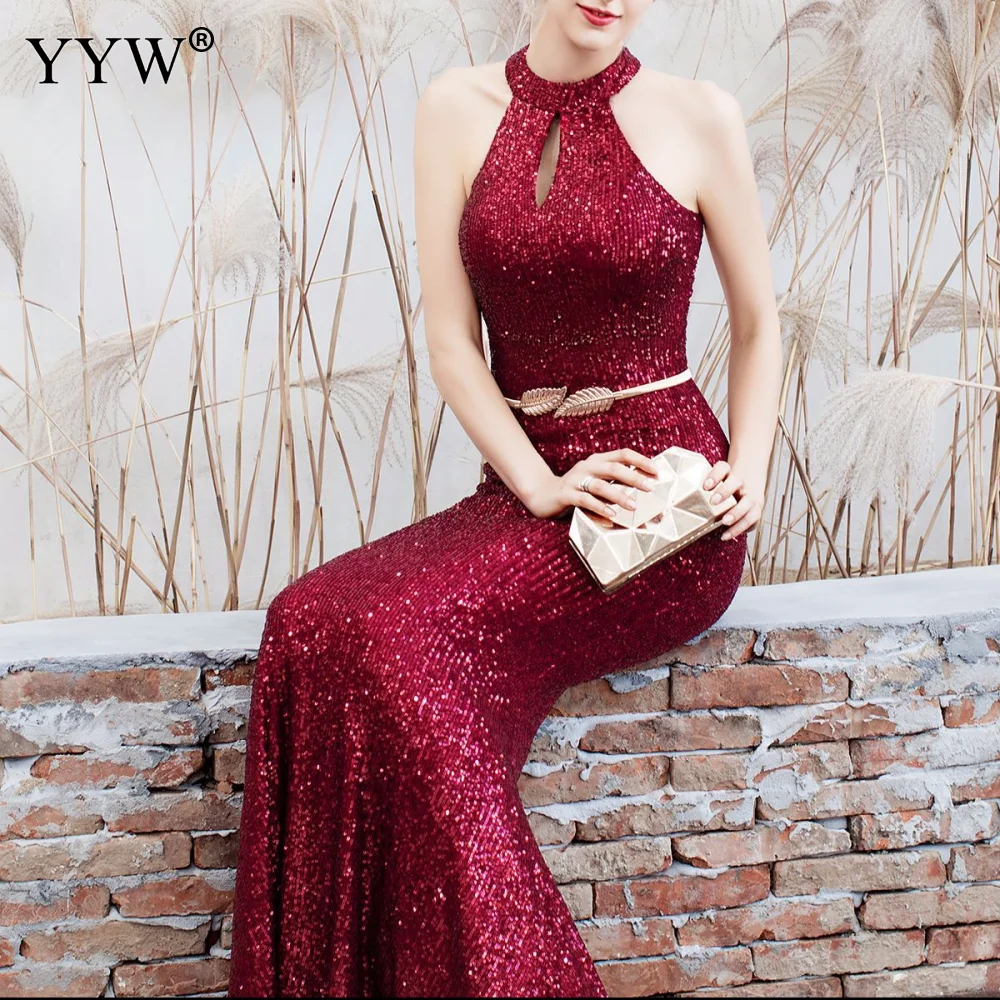 New 2020 Women Sequined Party Long Dresses Halter Sleeveless Mermaid Evening Dress Ladies Solid Sexy Robes Elegant Formal Gowns