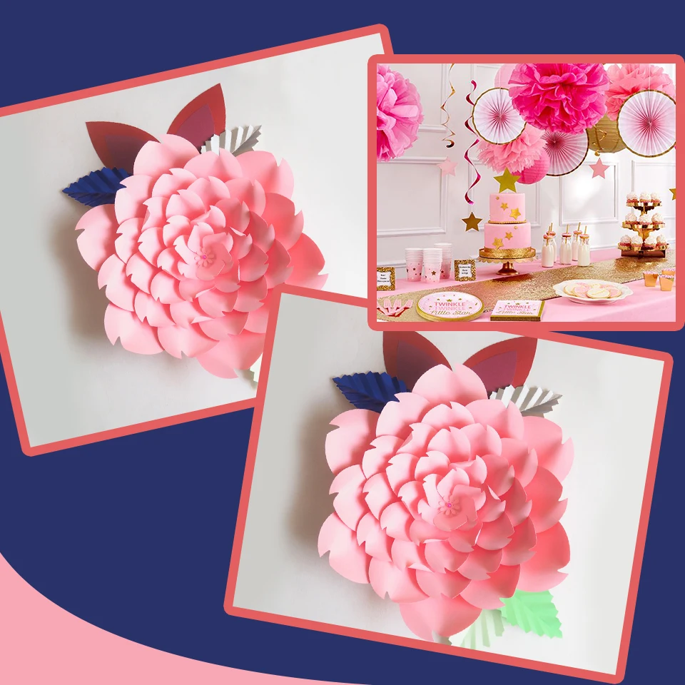 

DIY Large Giant Paper Flowers Rose Fleurs Backdrops 1Piece 60CM+4 Leave+2 Ears For Baby Shower Kids Birthday Nursery Video