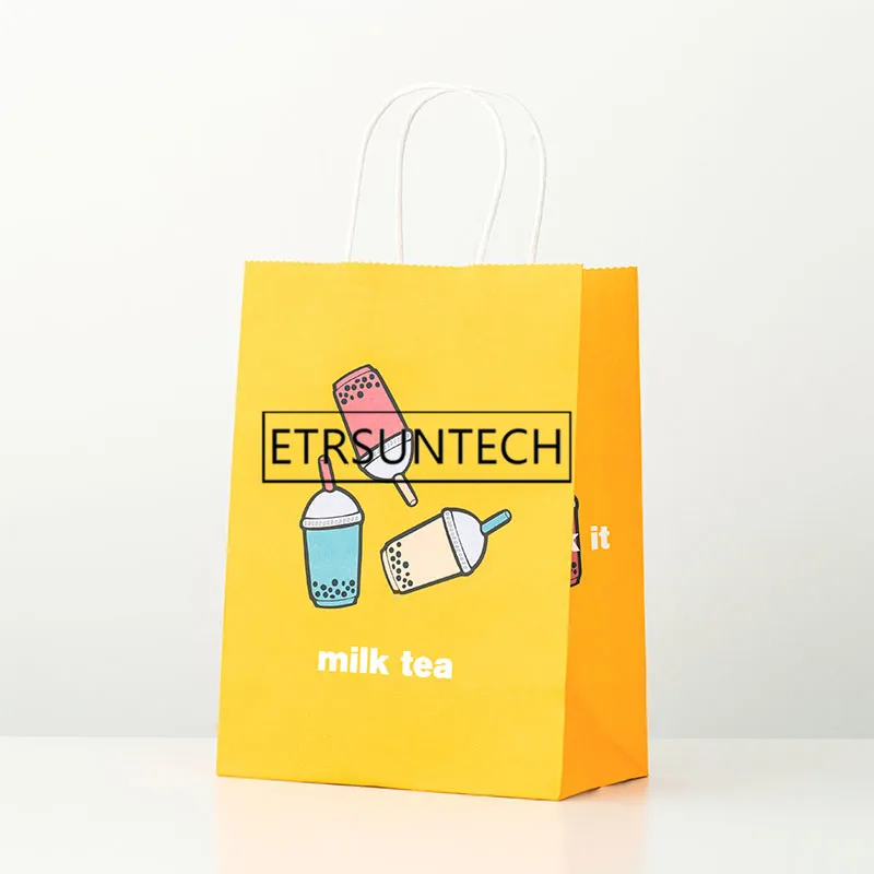 200pcs Milk Tea Packaging Bag Gift Tote Bag Kraft Paper Disposable Party Takeout Bag Takeaway Packing 21x11x27cm