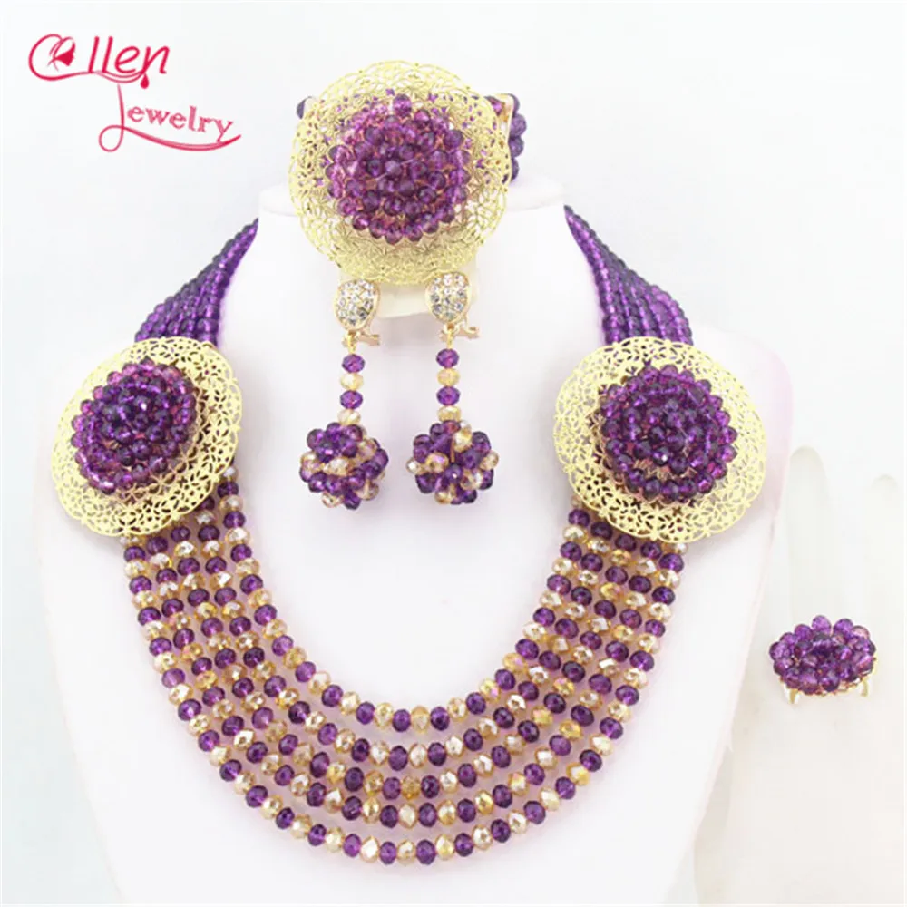 Purple African Beads Jewelry Set Crystal Beads Necklace Set nigerian wedding bridal jewelry set dubai necklace women  W7115