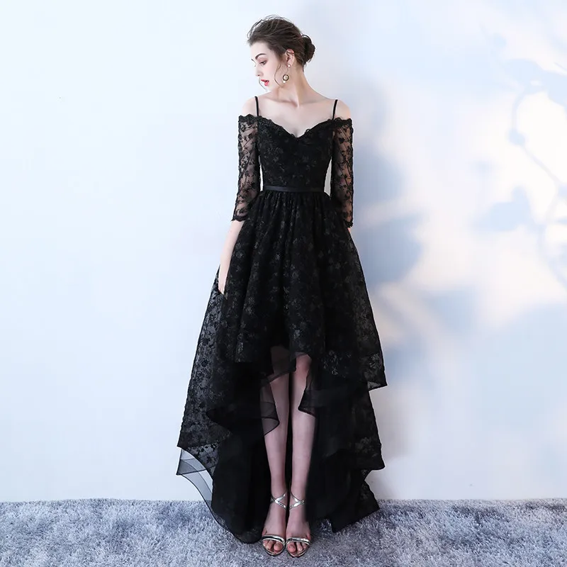 JaneVini abiti da damigella d'onore lunghi in pizzo nero alto basso una linea spalline senza spalline abiti da ballo eleganti senza schienale Robe Longue Dentelle