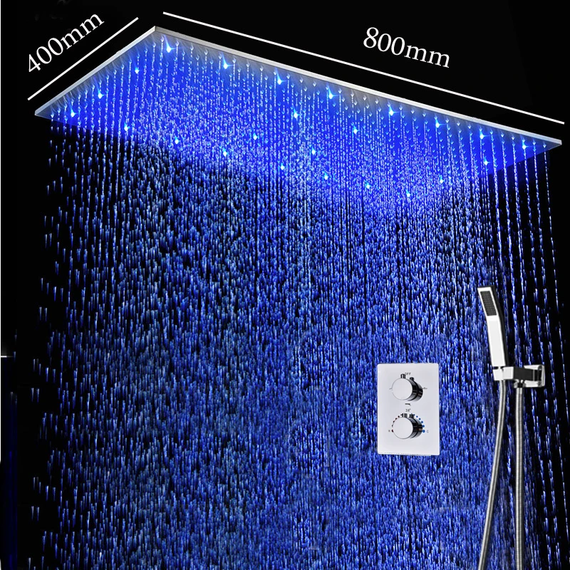 

400*800 mm Ceiling Thermostatic Large Rainall Shower Panel LED Overhead Bathtub Shower Kits Bathroom Shower Accessories Set