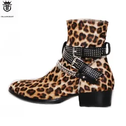 2022 Leopard Floral Suede Men Boots Ankles Botas Sliver Chains Cross Buckles Low Heel Shoes Mens Sapatos Mujer