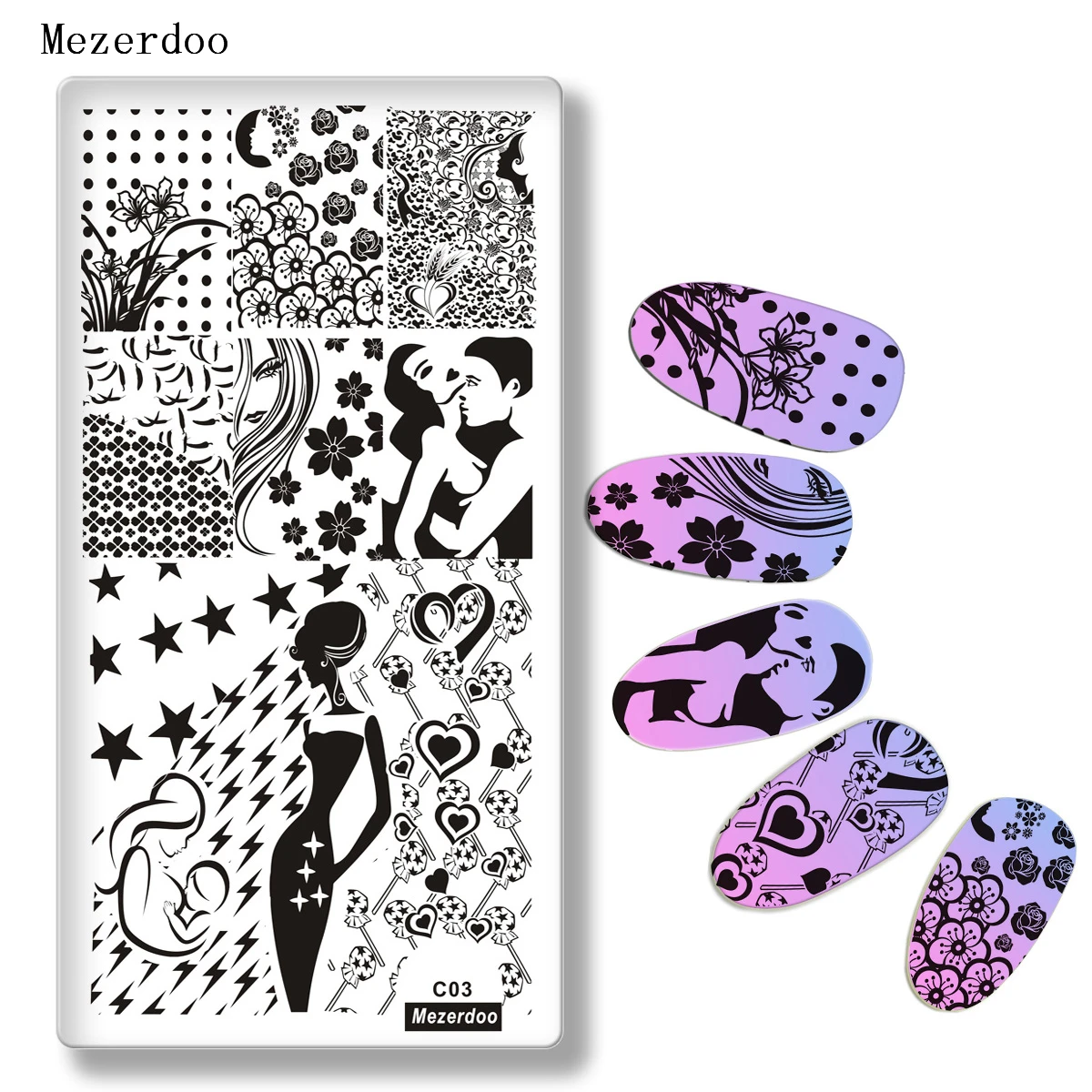 Pretty Girl Pattern Nail Art Image Stamp Stamping Plates Manicure Template Beautiful Flowers Lovers Kiss for DIY Nail Stamp C03