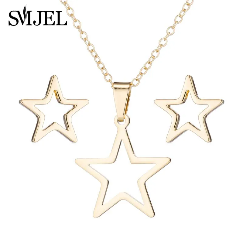 SMJEL Stainless Steel Love Heart Necklaces Women Girls Golden Jewelry Sets Simple Wedding Wave Heart Earrings 2022 Wholesale