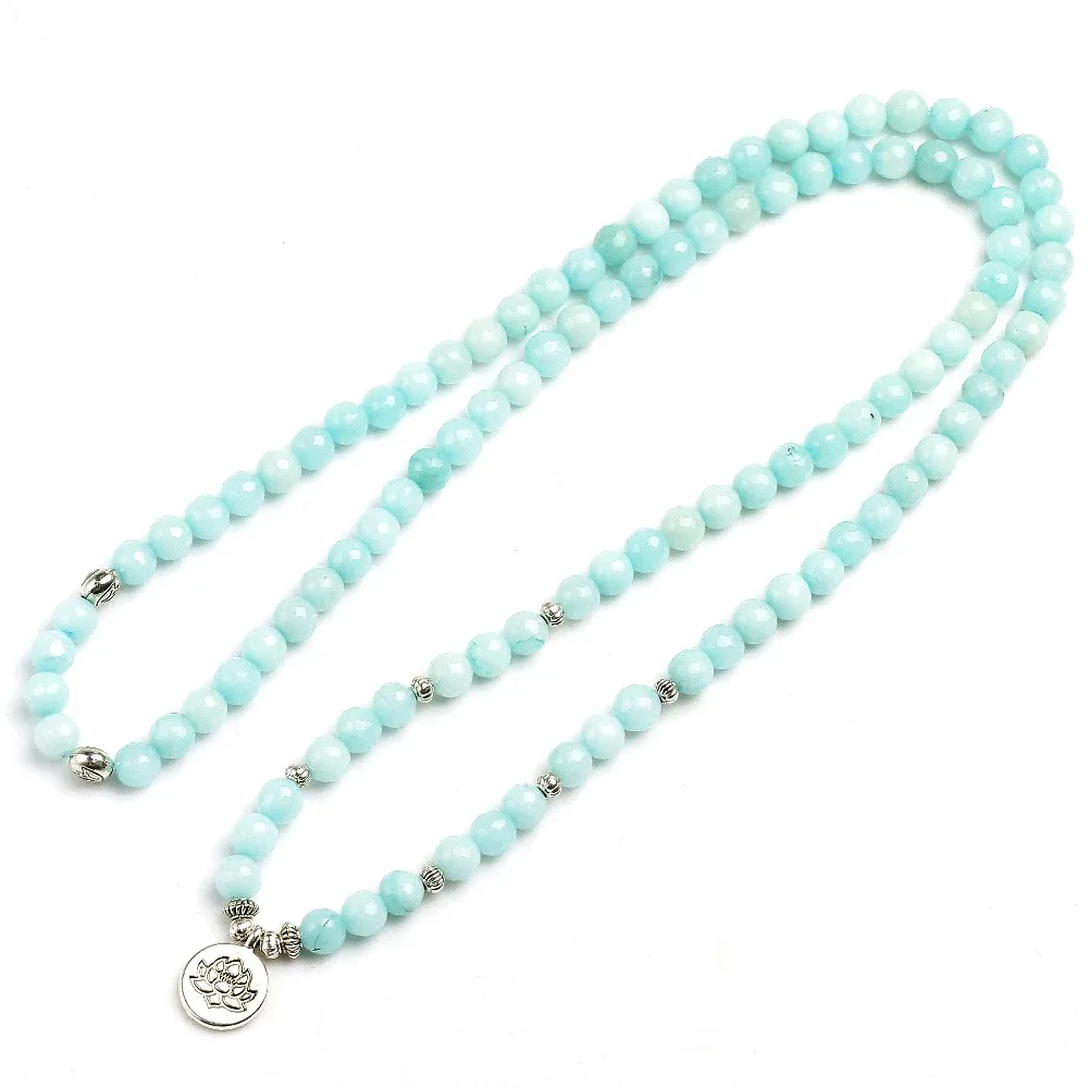 8mm Faced Natural Blue Chalcedony 108 Mala Beads Bracelet Buddhist Om Charm Bracelet For Women Handmade Men Bangle Jewelry Gift